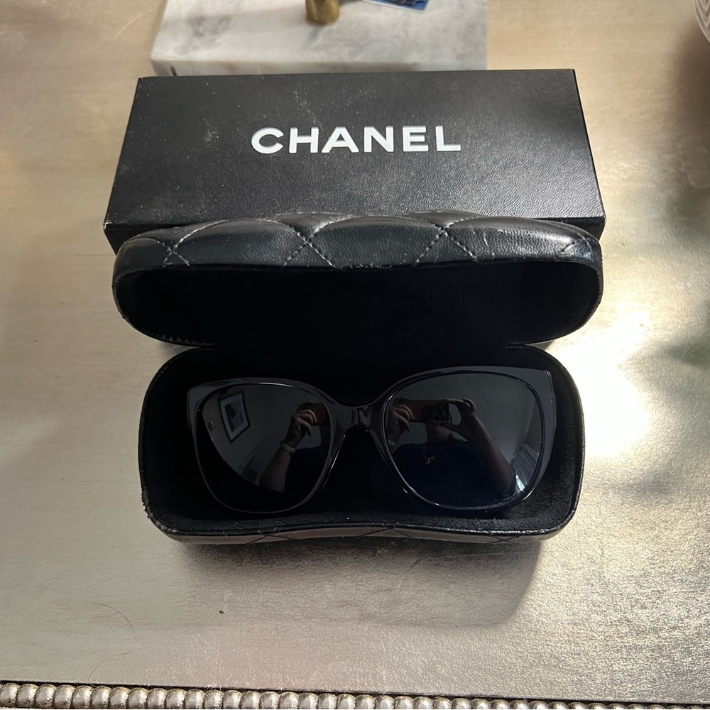 Chanel navy tweed sunglasses with case